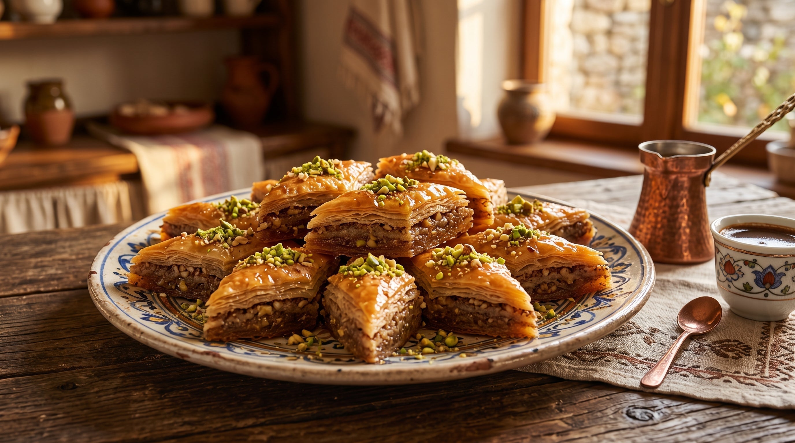 Balkan walnut baklava with crisp phyllo layers, syrup and chopped pistachios.