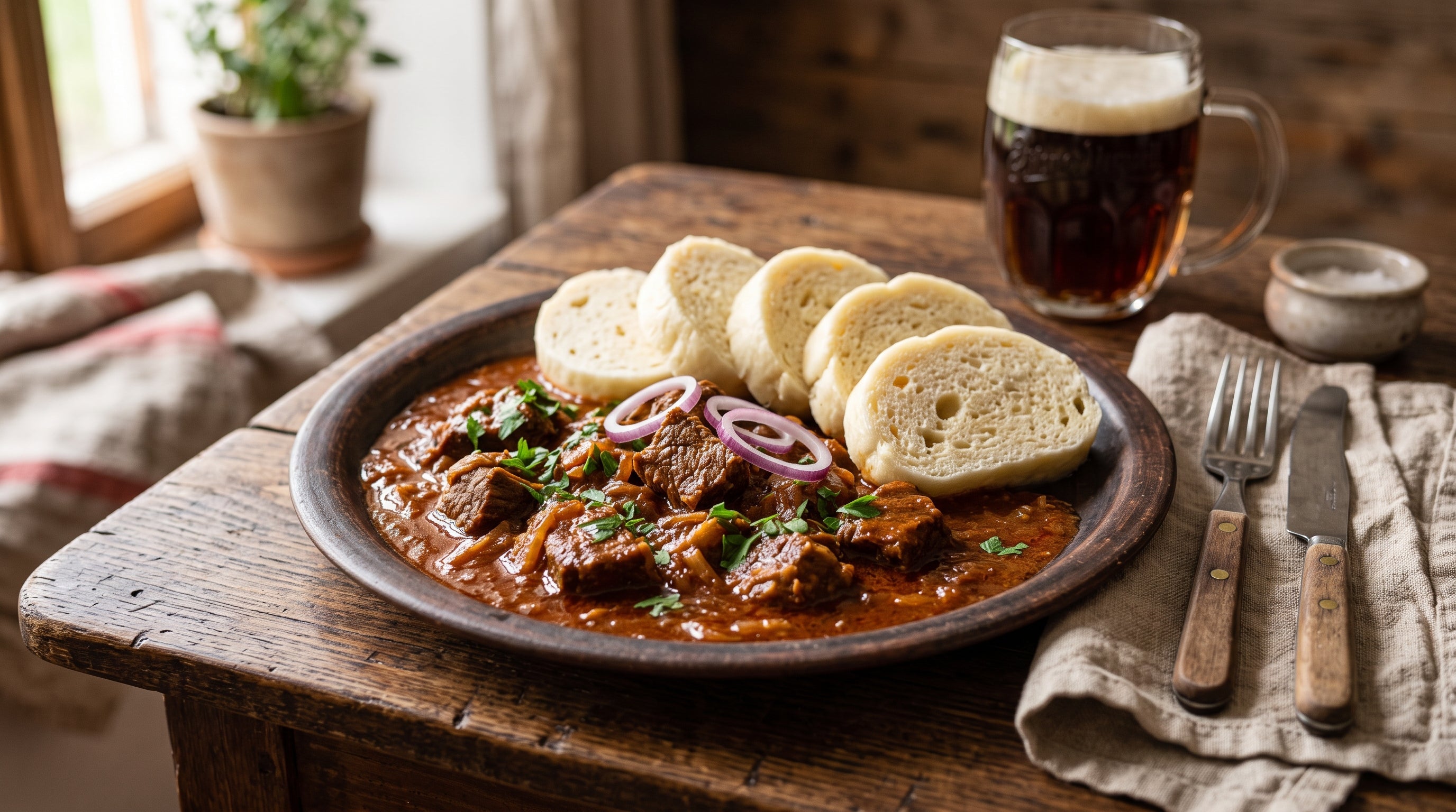 Czech beef goulash with paprika sauce and sliced bread dumplings on a ceramic plate.