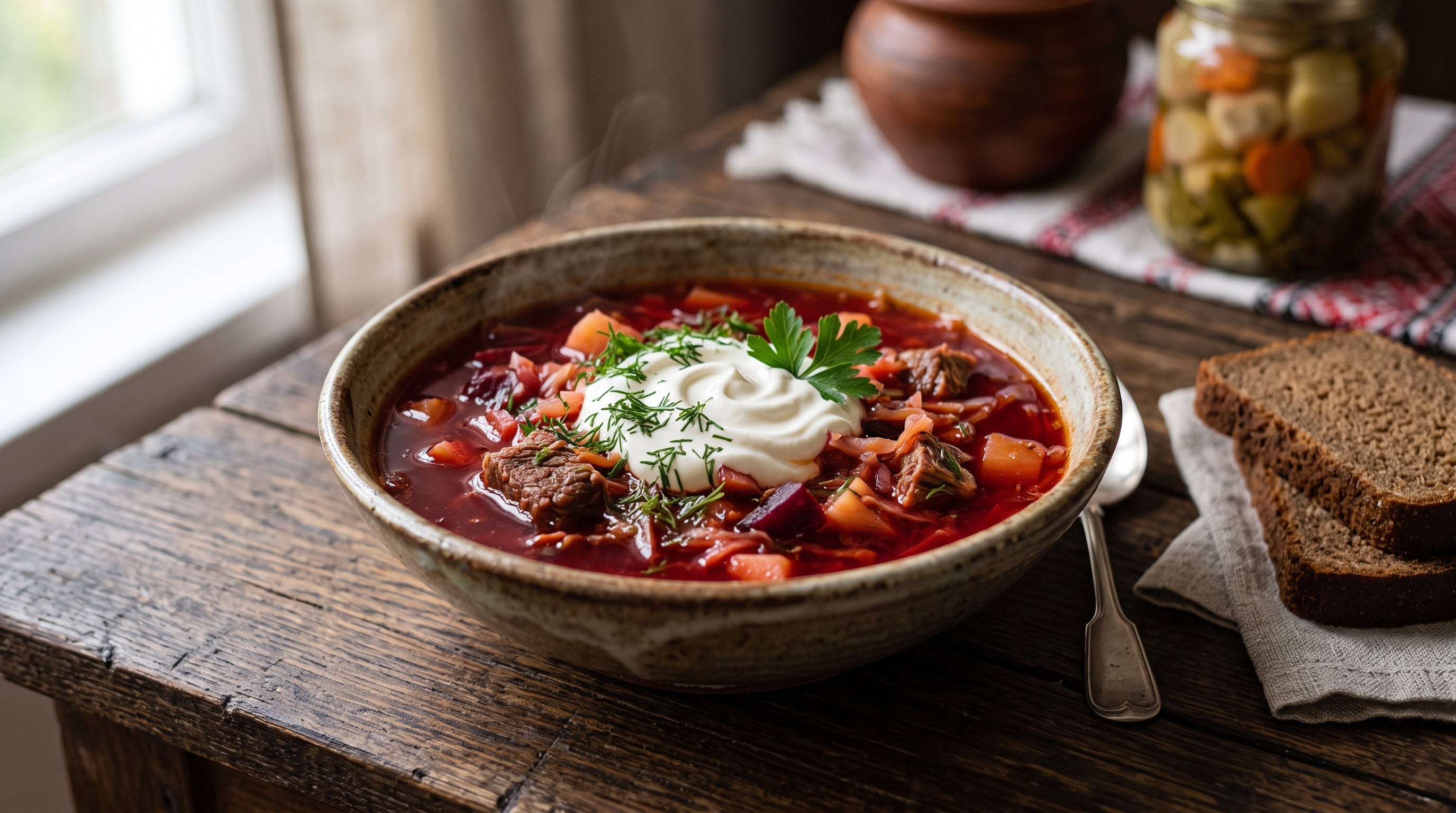 Ukrainian-style red borscht with beef, beetroot, cabbage, sour cream and dill.