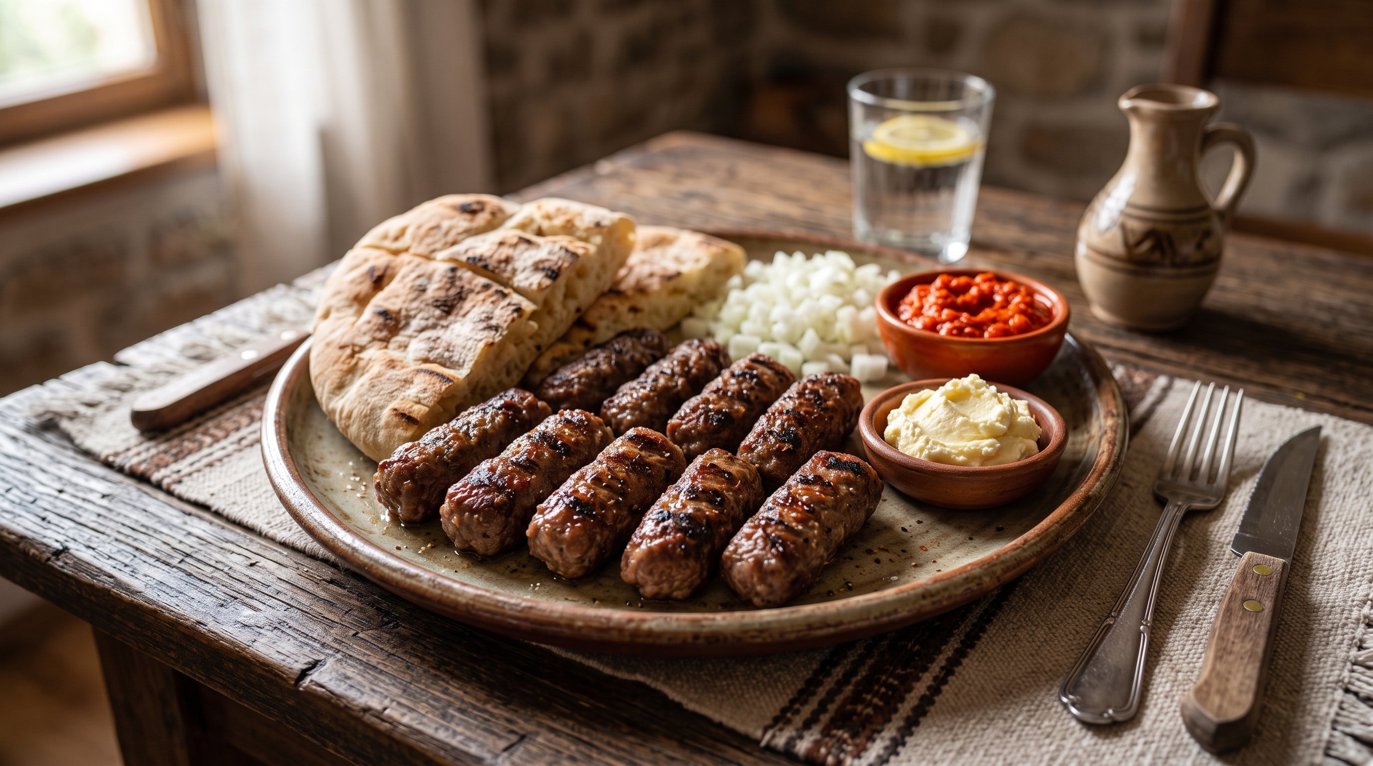 Bosnian Ćevapi with Flatbread and Ajvar