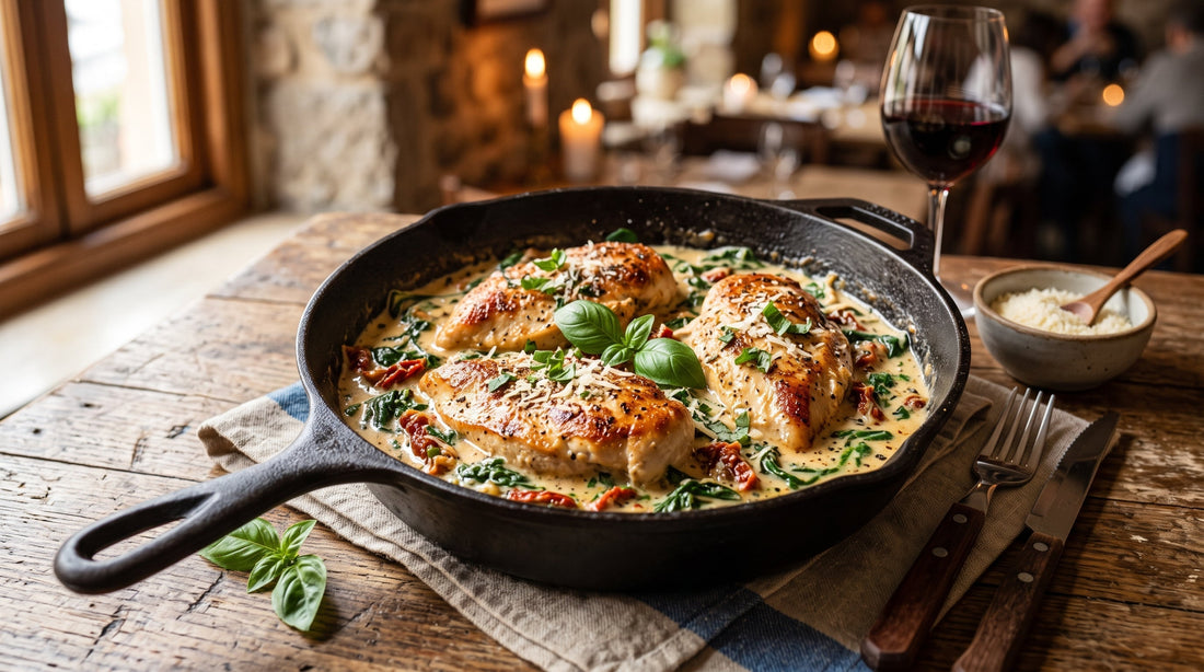 Creamy Tuscan chicken with spinach and sun-dried tomatoes served in a skillet.