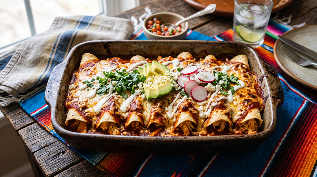 Chicken enchiladas covered with red sauce, melted cheese, avocado and fresh cilantro.