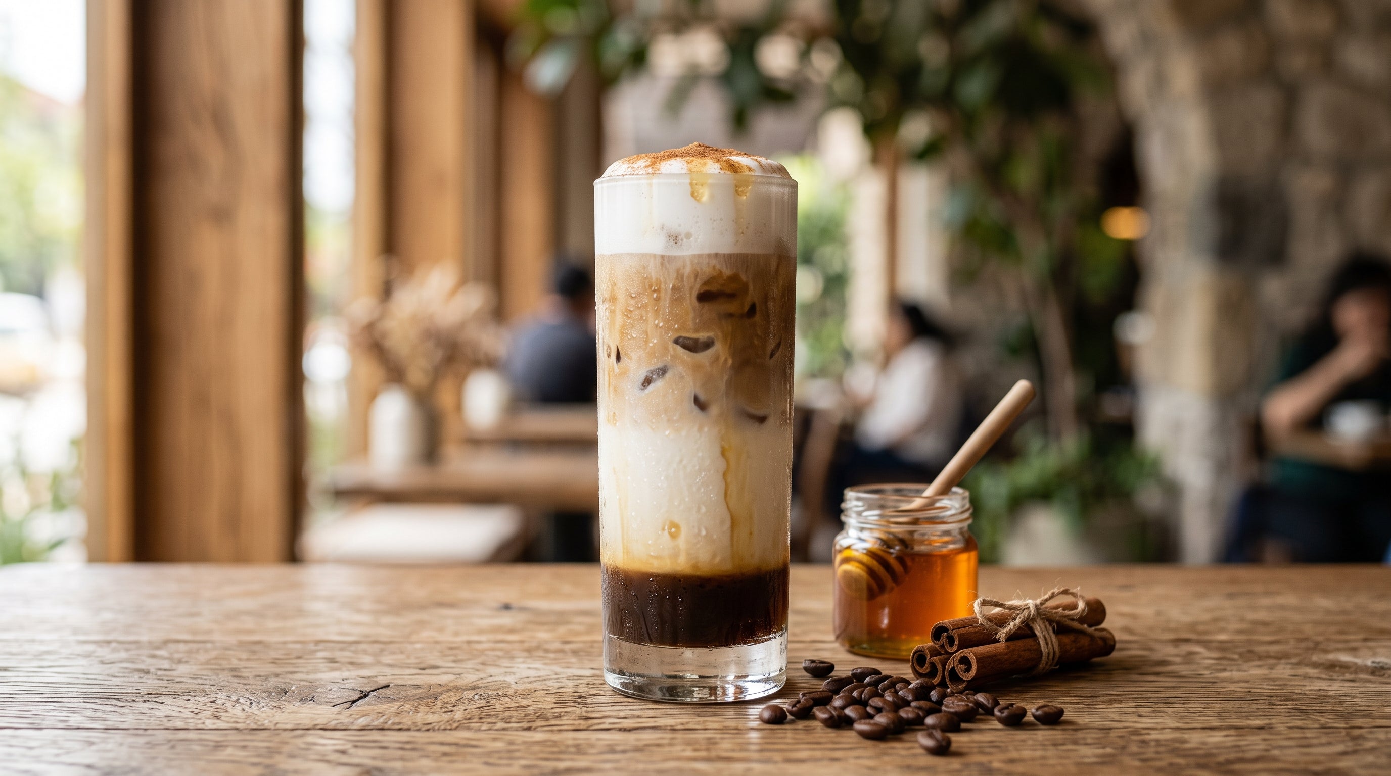 Honey cinnamon iced latte with espresso, cold milk and ice in a tall glass.