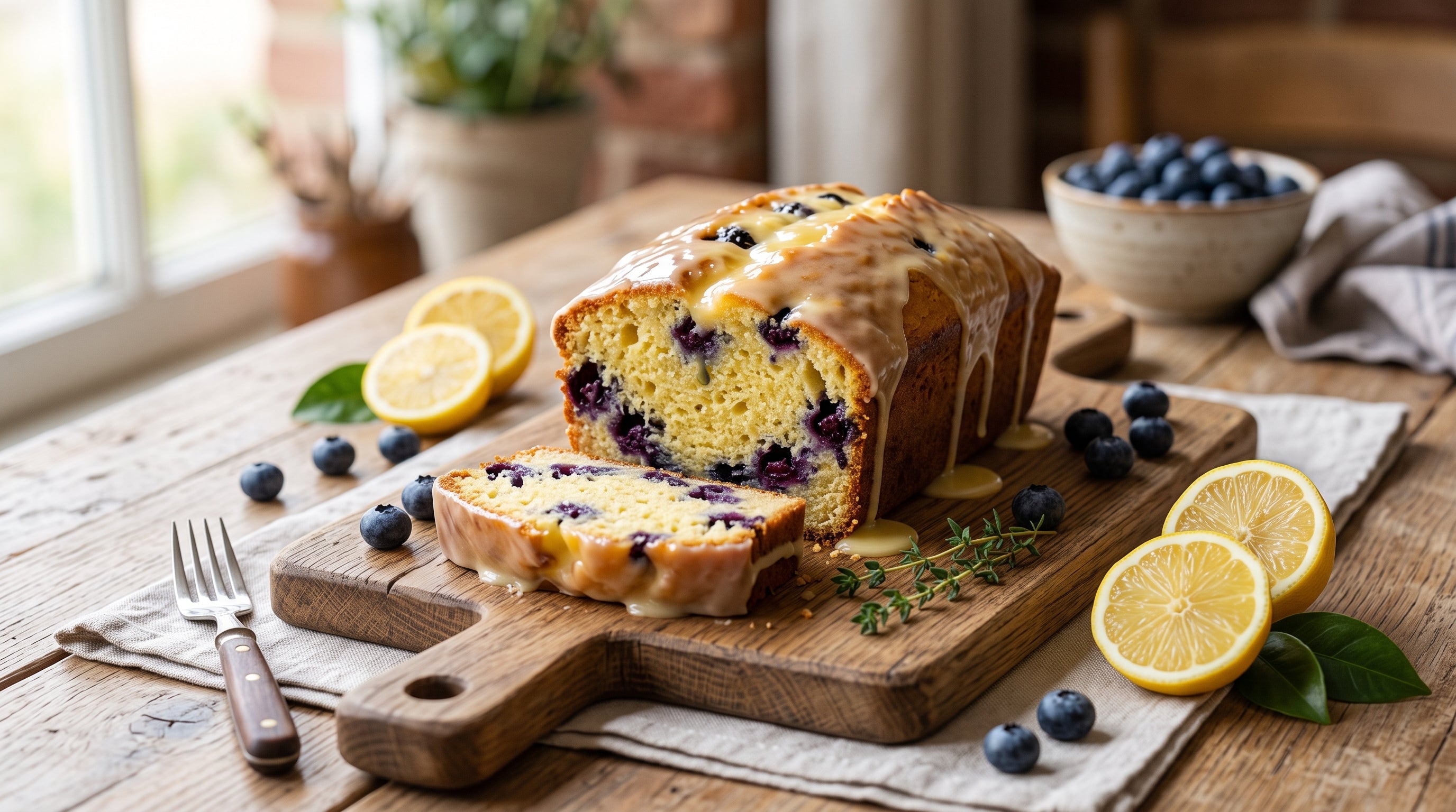 Lemon blueberry yogurt loaf cake with citrus glaze and fresh blueberries.