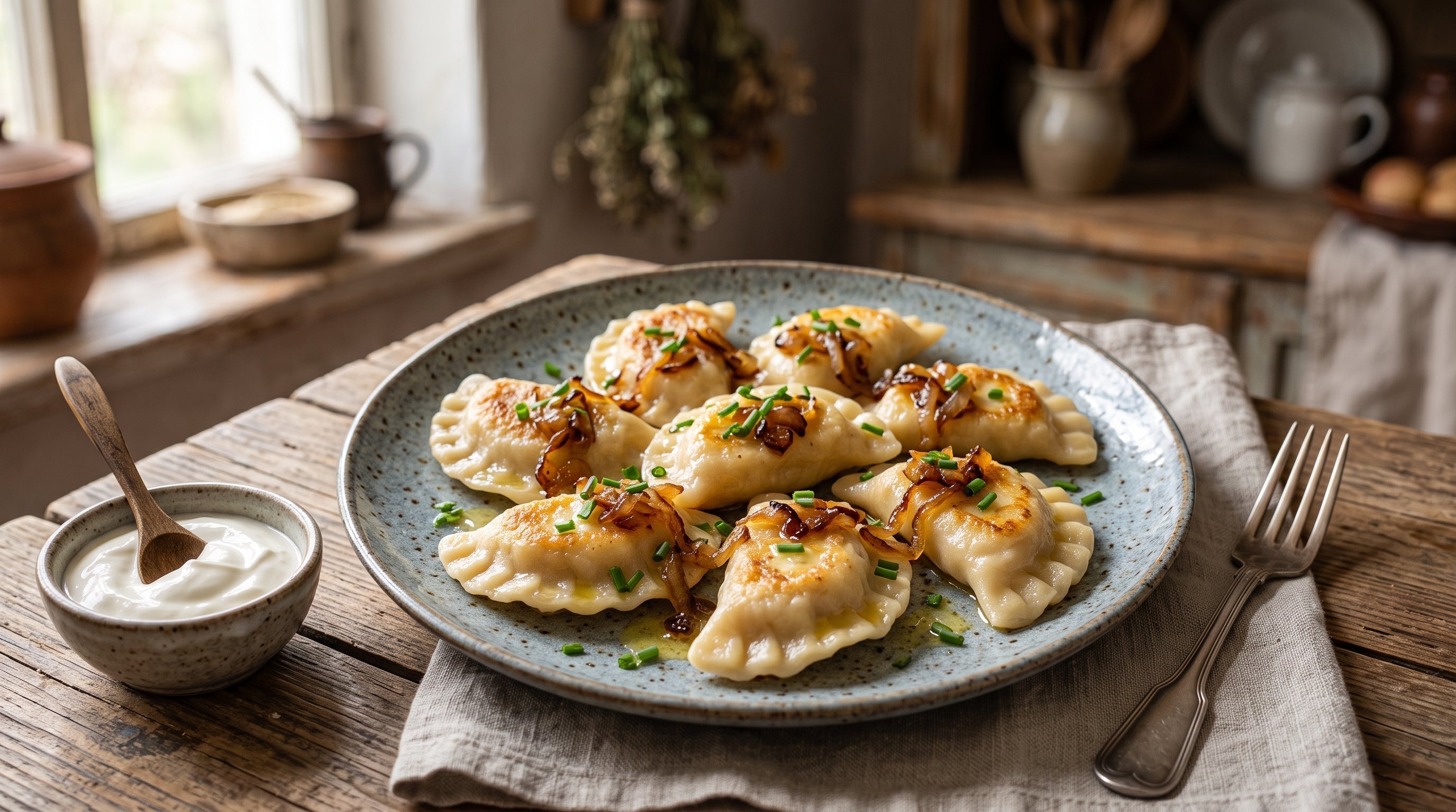 Polish potato and cheese pierogi served with caramelized onions, sour cream and fresh herbs.