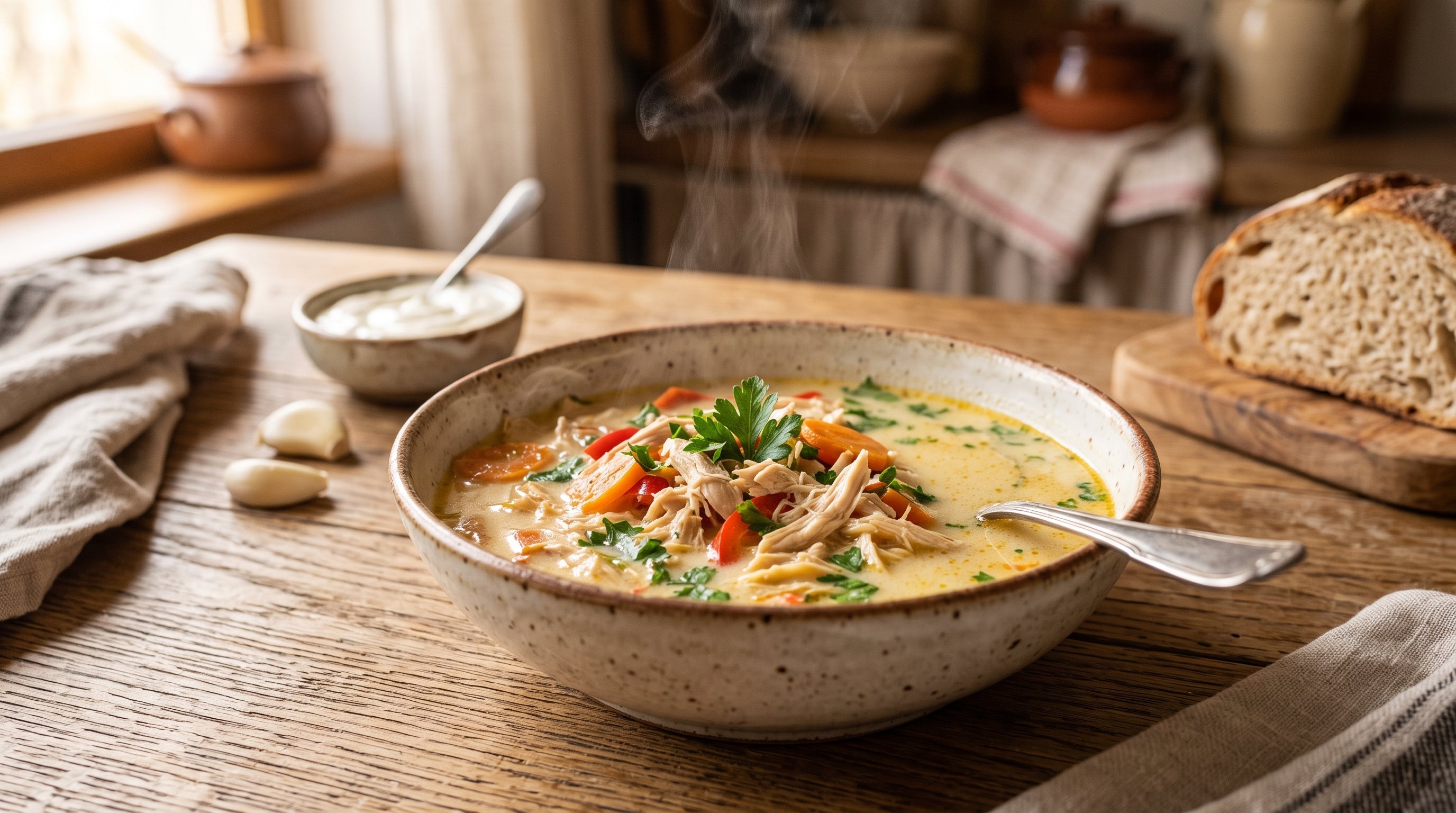 Romanian chicken soup with sour cream, garlic and vegetables served in a rustic ceramic bowl.